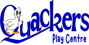 A blue text logo with 'Quackers' on the first line, and 'Play Centre' on the second line. In the middle of the Q, a white cartoon duck is placed, with black outline, featuring orange feet, and a yellow outlined mouth.